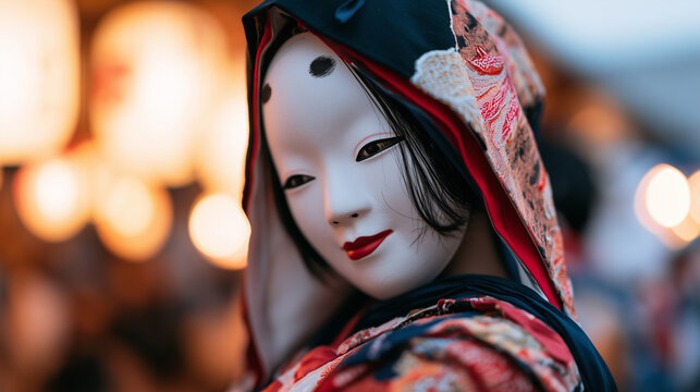 Enchanting Kagura Performance Festival masked dancer capturing the mystical spirit of traditional Japanese theater in a vivid outdoor celebration