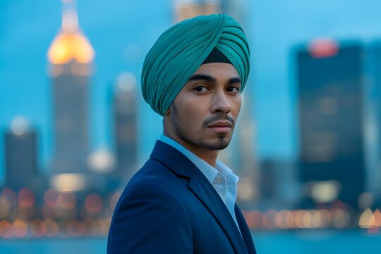 Man wearing turban standing in illuminated urban setting