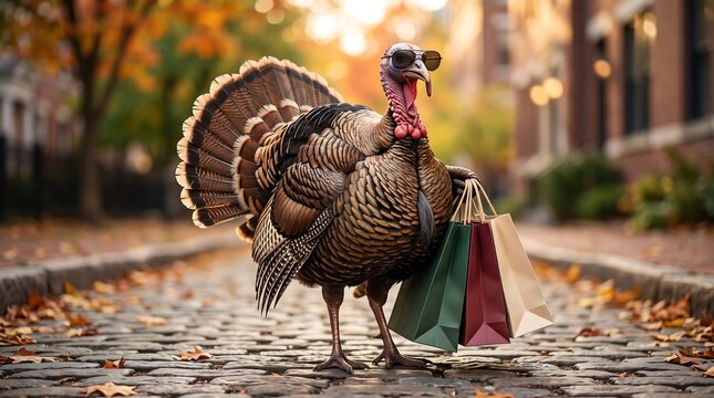 Turkey wearing sunglasses standing with shopping bags on a cobblestone autumn street, a lighthearted concept for retail advertising and Thanksgiving shopping content