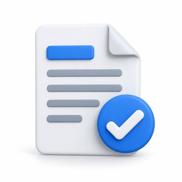 3d rendered icon of a document file with a blue checkmark symbol representing successful task completion or approval