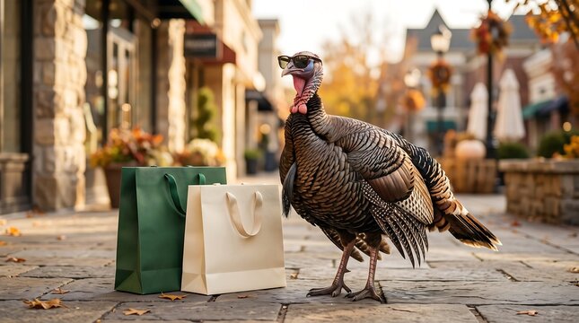 Turkey wearing sunglasses beside shopping bags on a charming autumn street, a lighthearted concept for retail advertising and Thanksgiving shopping season content