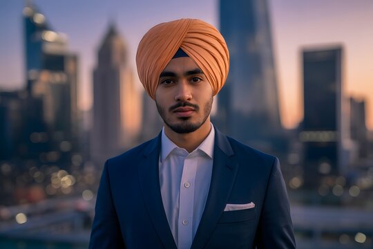 Professional man in turban wearing suit with city skyline