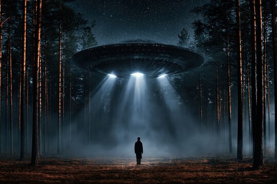 Giant UFO hovering over dark forest with glowing light beams and man