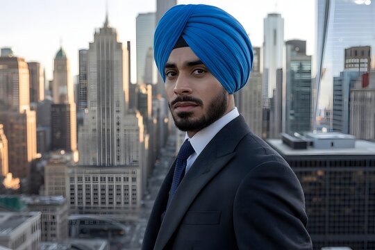 Man in turban with suit against city skyline