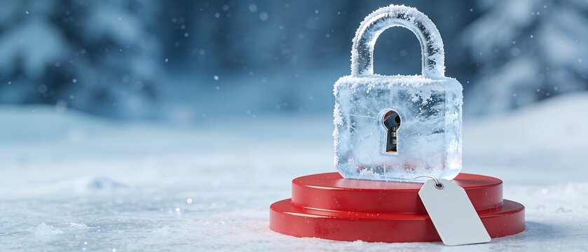 Frozen ice padlock on a red pedestal with a blank price tag in a snowy winter forest, representing concepts of security, price freeze, financial protection, or account safety.