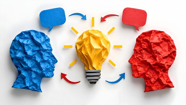 Crumpled paper human profiles with glowing lightbulb representing brainstorming and creative idea generation