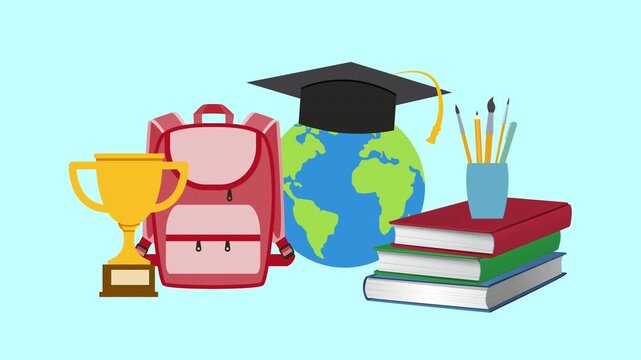 Education and Academic Achievement Concept with Backpack, Globe, Graduation Cap, Trophy, Books and Art Supplies