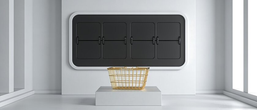 Golden shopping basket on a pedestal in a minimalist white interior featuring a blank black mechanical split-flap display board, conceptualizing luxury retail, seasonal sales, and product launches.