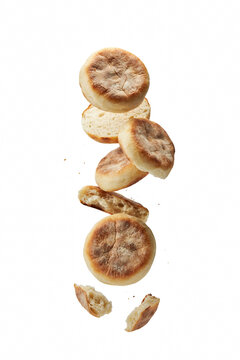 Floating pieces of fresh toasted muffins.
