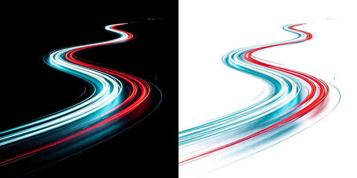 Png of abstract light trails of cars on a winding road at night, creating a dynamic sense of motion and speed isolated on transparent background