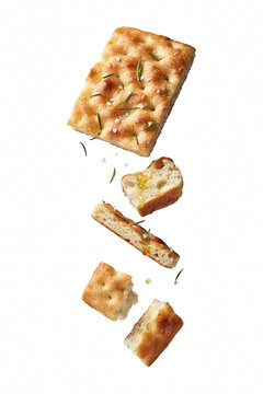 Levitating focaccia bread squares herb.