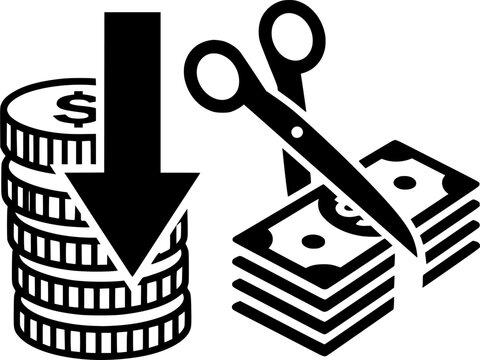 Vector illustration set of budget cut and financial reduction concepts featuring stacked dollar coins with downward pointing arrow and scissors cutting cash banknotes stack, isolated on a white 