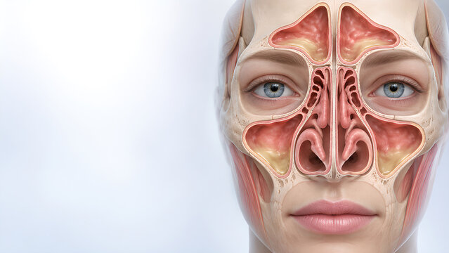 Paranasal sinusitis photorealistic medical 3D banner showing inflamed frontal, maxillary, ethmoid, and sphenoid cavities with copy space for healthcare website design and patient education