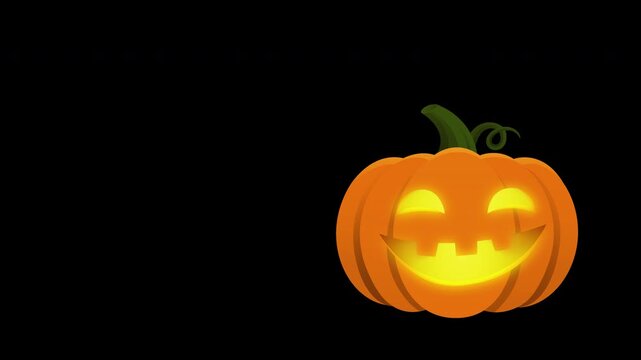 Halloween animated carved pumpkin jumps in from the left and lights up with a warm, flickering candle flame. Transparent background with alpha channel