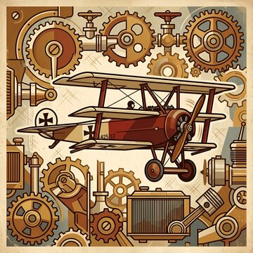 Vintage triplane aircraft illustration with steampunk mechanical gears background