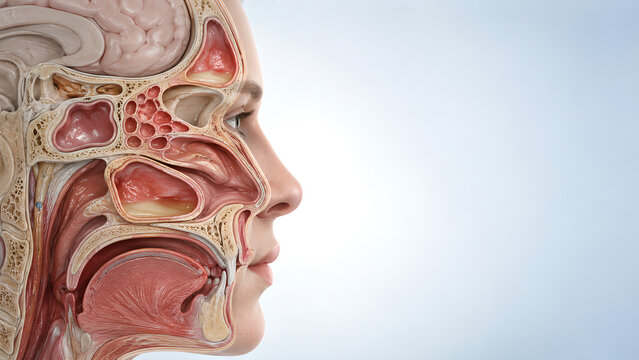 Paranasal sinusitis photorealistic medical 3D banner showing inflamed frontal, maxillary, ethmoid, and sphenoid cavities with copy space for healthcare website design and patient education
