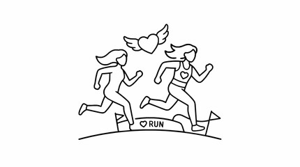Obraz premium Two women running together in a race with a heart symbol with towards banner floating above them simple