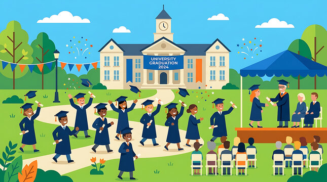 Diverse group of university students celebrating graduation in front of campus building