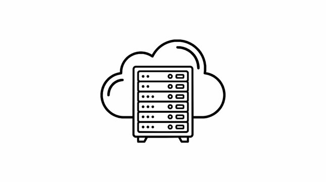 A simple black and white line art icon representing cloud computing with minimalist linear icon server rack tower positioned front cloud symbol