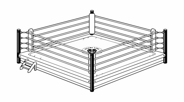 A black and white line art illustration of a professional boxing ring with corner posts with stairs plain background