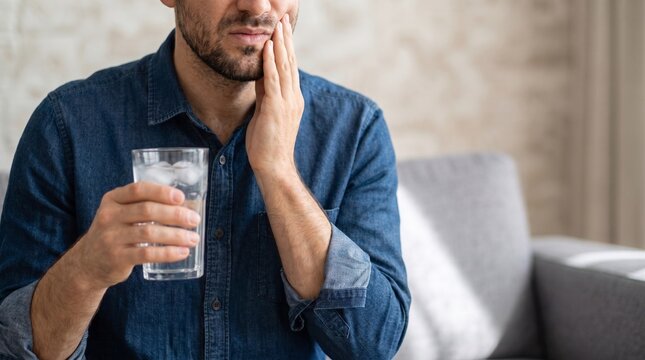 Man suffering from sudden sharp toothache while holding a cold glass of water at home