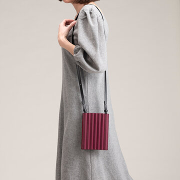 Minimalist Gray Dress With Burgundy Crossbody Purse