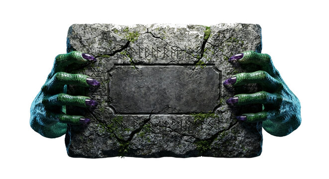 Monster hands holding ancient stone tablet with runes