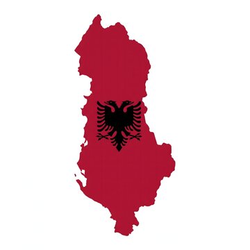 Red Albania map silhouette with national flag eagle emblem