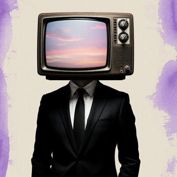 Man wears a retro tv set head on beige backdrop. Figure suits formal wear collar tie. Surreal collage art represents media broadcast concept. Visual metaphor for news influence.