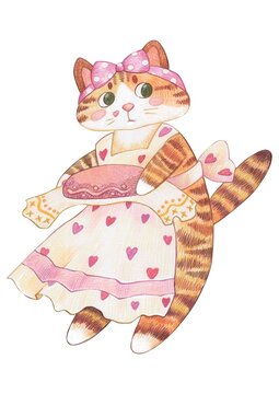 A whimsical watercolor illustration of an anthropomorphic tabby cat in a charming pastel dress with heart motifs, wearing a pink polka-dot bow and holding a delicate pink macaron, rendered in a soft, 