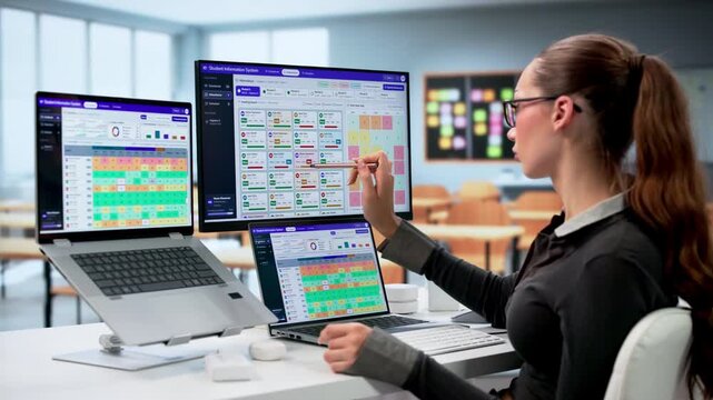 School Administrator Reviews Student Attendance And Grades