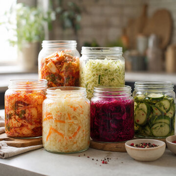 Glass jars filled with fermented kimchi and vegetables, probiotic kitchen counter still life