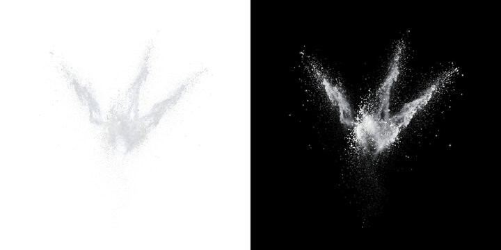White Powder Burst exploding flour cloud splash design for creative food use with PNG, Transparent and Black Background Versions