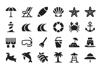 Fototapeta premium Set of Travel and Summer Vector Icons Featuring Beach, Sun, Sea, Tree, Food, Holiday and Vacation Symbols for Web Design and Illustration