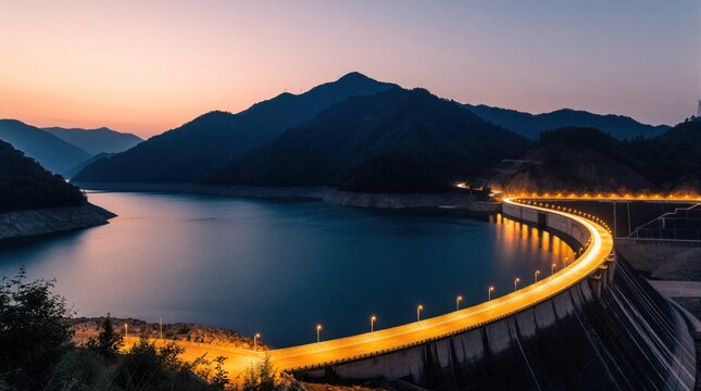 Large dam structure at twilight with illuminated road curving along water. Massive mountains surround calm lake under sunset sky. Scenic landscape shows engineering power, natural beauty during