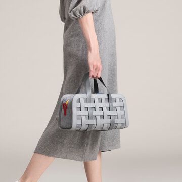 Minimal Grey Dress With Woven Handbag