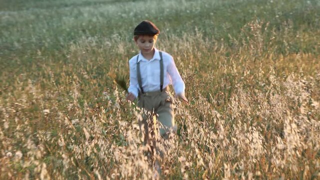 Sweet preteen child, boy, playing in a field on sunset with kite and old vingate car, walking with grandmother in the countryside
