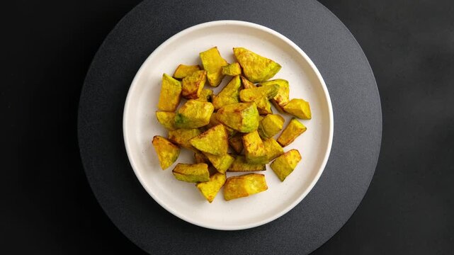 Air Fryer Roasted Pumpkin in white plate.Healthy low calories food with carbohydrate for weight loss.Top view.