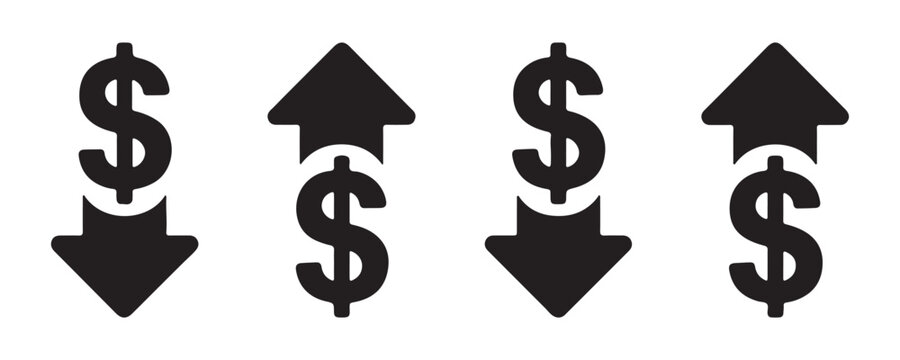 Financial profit and loss arrows with dollar signs for economic analysis and investment performance charts.