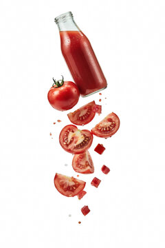 Tomato juice splash and ingredients falling.