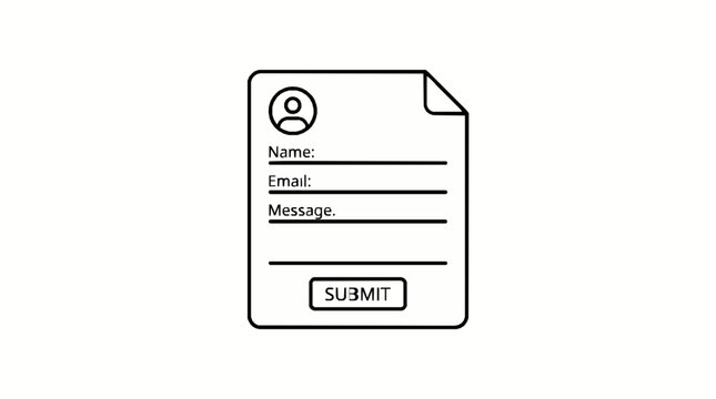 A simple black and white line art icon of a digital contact form document with name email message representing digital