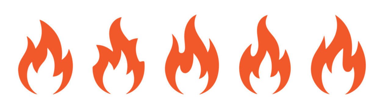 Orange fire flame icons set with dynamic heat shapes for energetic brand logos or industrial safety signs.