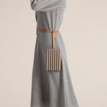 Gray Coat With Leather Belt And Bag