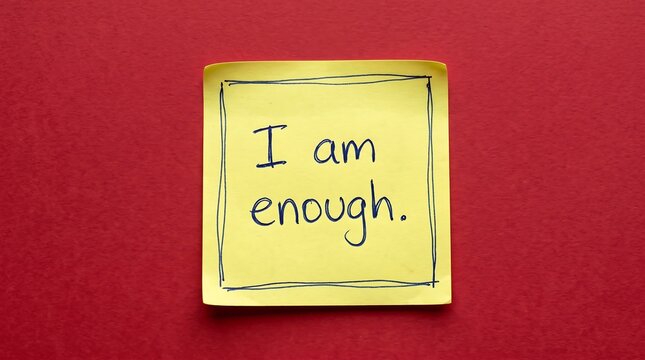 Positive affirmation handwritten on yellow sticky note, I am enough message on adhesive paper, mental health and self-love concept on red background