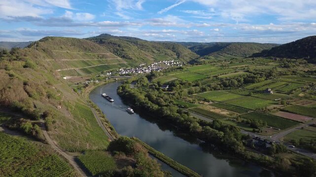 Moselle River Between Bremm and Neef with Vineyards and ships in Germany, aerial view