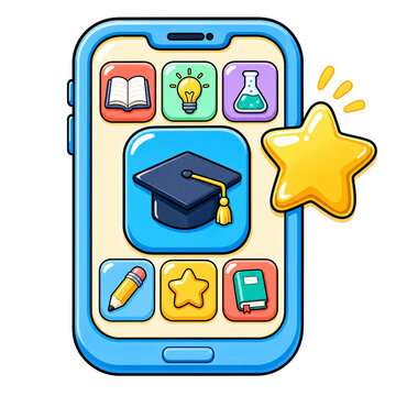 Smartphone Education App Interface: A stylized smartphone displays various educational app icons, including a graduation cap, book, lightbulb, flask, pencil, and star.