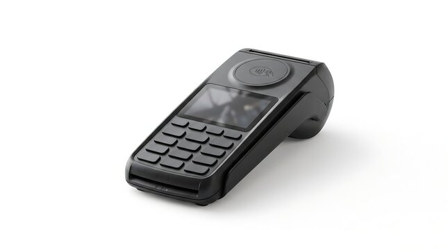Modern black POS terminal for contactless payments, wireless credit card reader machine, portable electronic payment device on white background