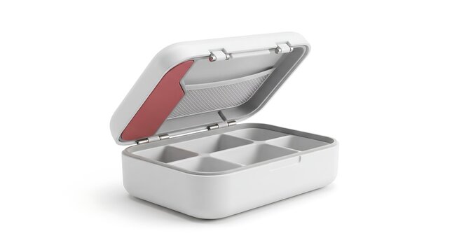Minimalist white pill box with open lid, portable medical organizer with six compartments, modern plastic medicine storage case for travel