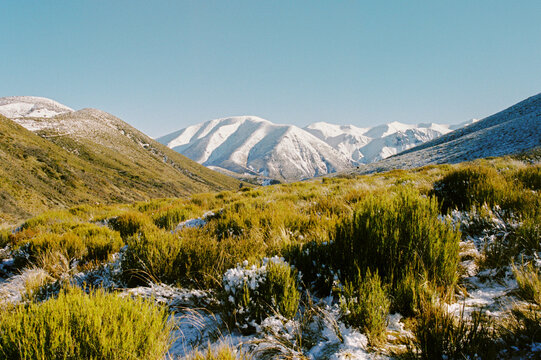 Snow-capped mountains under a clear blue sky in New Zealand