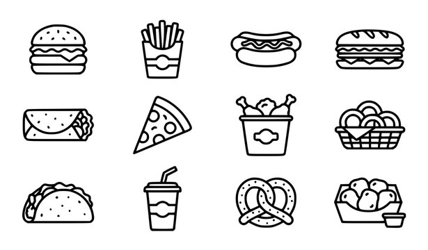 Fast food flat line vector icon set with burger pizza fries sandwich and snacks